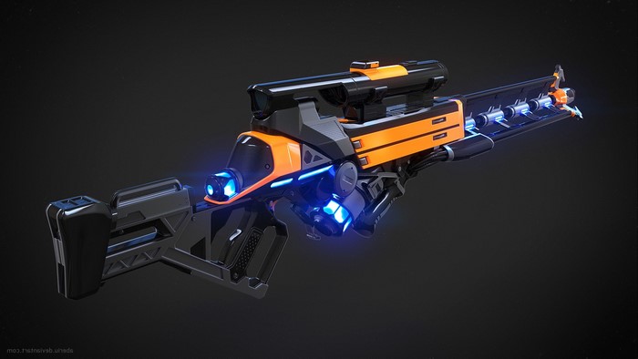 Futuristic orange and black rifle with blue lights