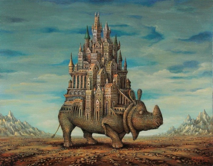 Surreal castle on a rhino in a desert landscape