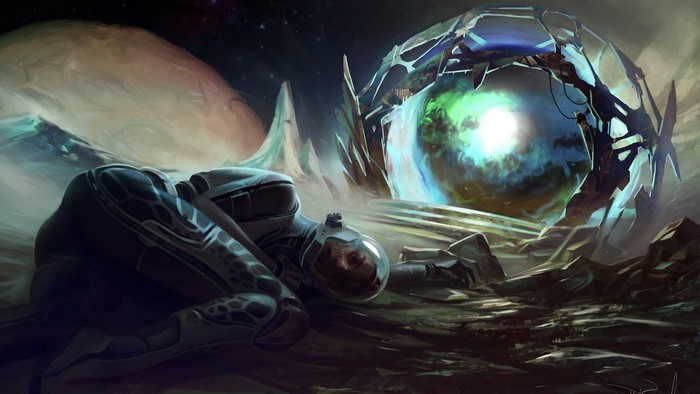 Astronaut lying near a glowing portal on an alien planet