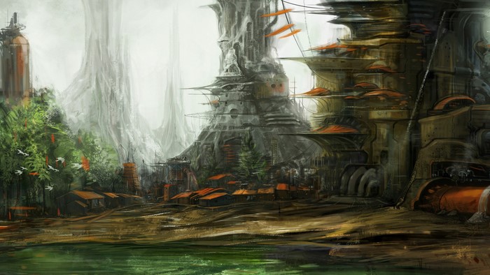 Fantasy city with organic architecture and swamp