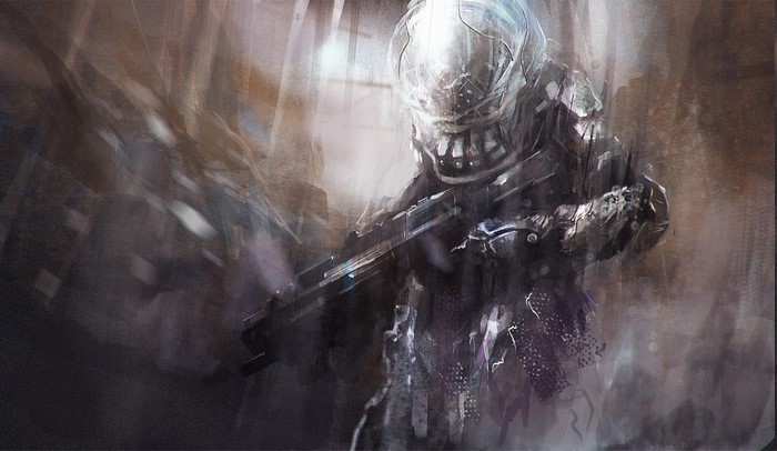 Concept art of a soldier in a futuristic suit holding a rifle