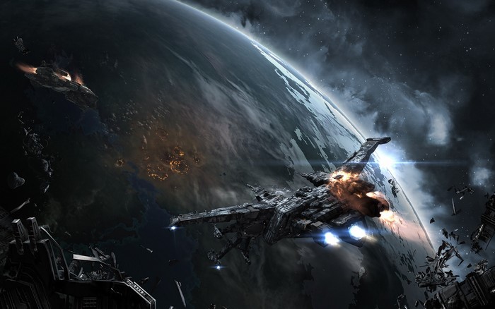 Spaceship battle above a planet in EVE Online