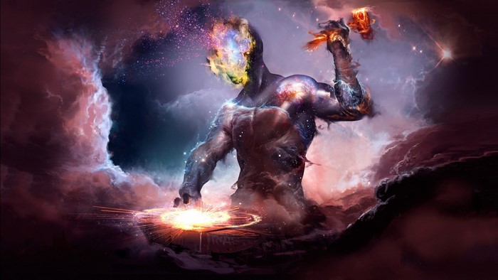 Cosmic being forging a galaxy with a hammer
