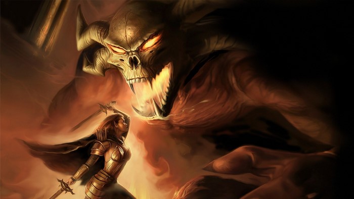 Aribeth from Neverwinter Nights fights a demon
