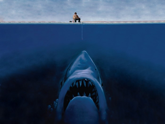 Fisherman Ice Fishing with Shark Below