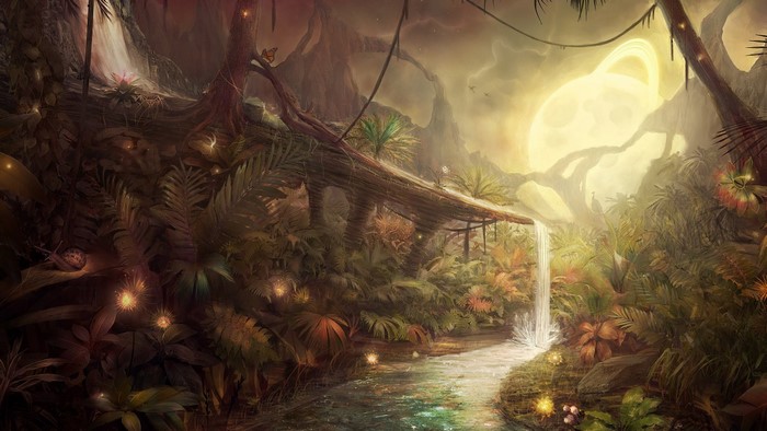 Fantasy jungle with waterfall and ringed planet