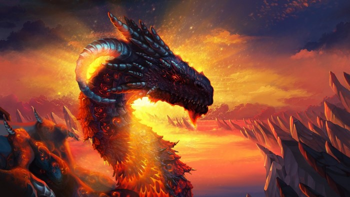 Dragon breathing fire in a fantasy landscape