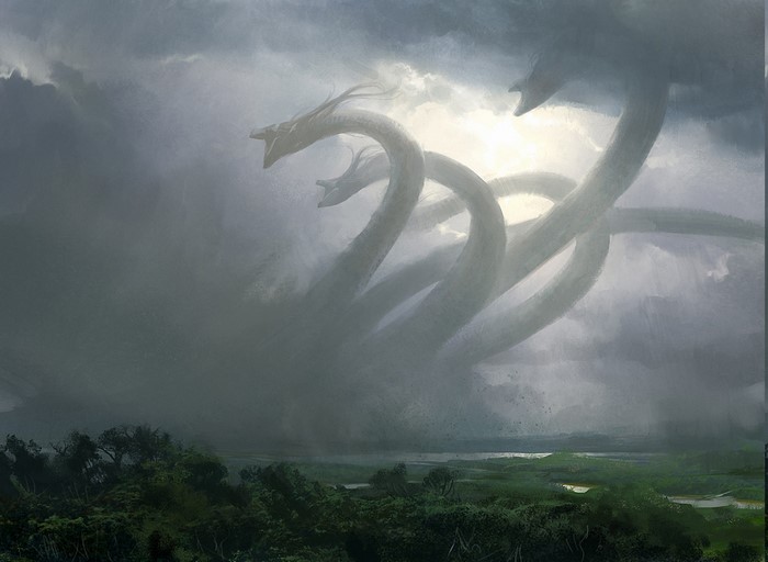 Fantasy art of a multi-headed hydra creature in stormy skies