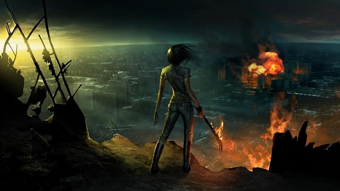 Woman with flaming staff overlooking burning city