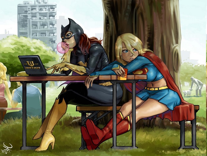 Supergirl and Batgirl at a park table