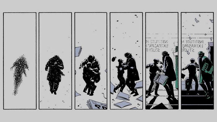 Watchmen graphic novel panels showing Dr. Manhattan's disintegration and reintegration