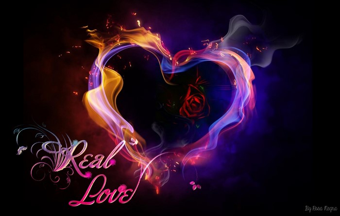 Fiery Heart with Rose and Real Love Text