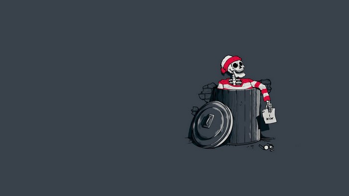 Skeleton dressed as Waldo in a trash can