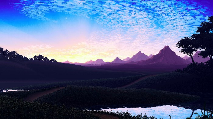 Pixel art landscape with mountains and sky