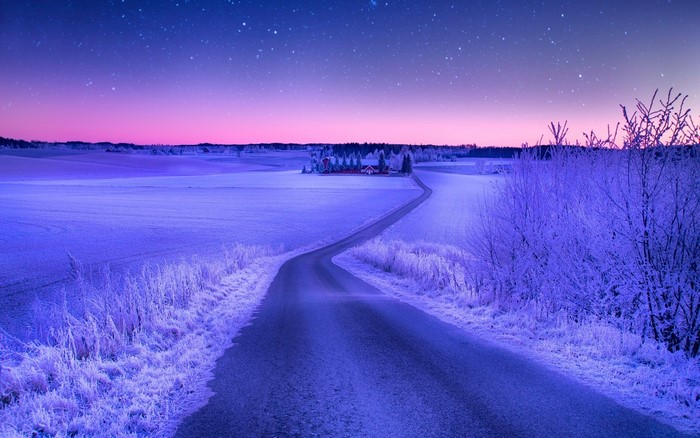 Winter road under starry sky at dusk
