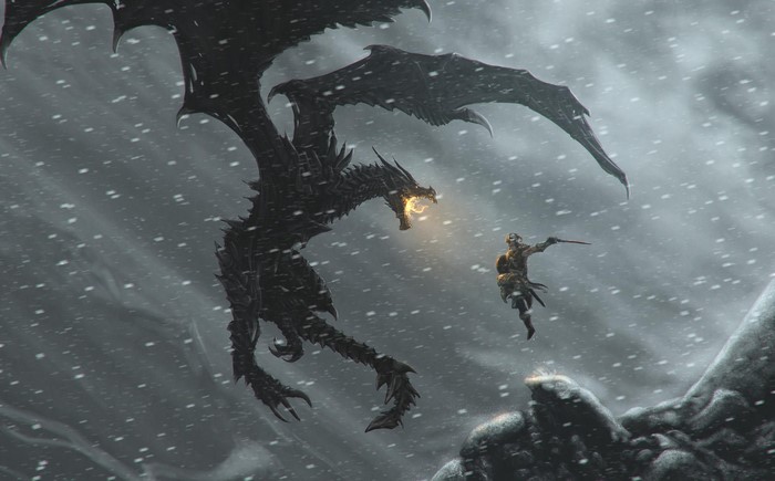Dragon fighting a warrior in The Elder Scrolls V Skyrim