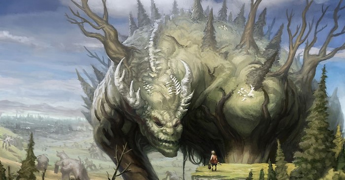 Giant tree monster with a small person in front