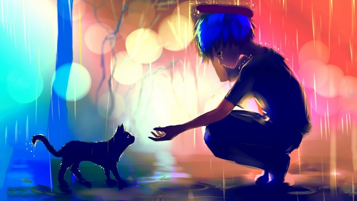 Anime artwork of a person with blue hair and a cat in the rain