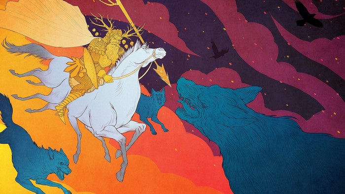 Odin riding Sleipnir with wolves and ravens