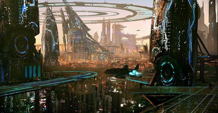 Futuristic city with flying vehicles and advanced architecture