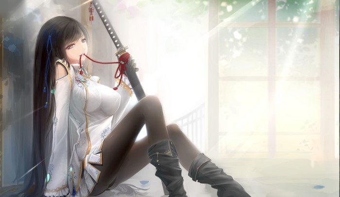 Anime girl with katana sitting by window