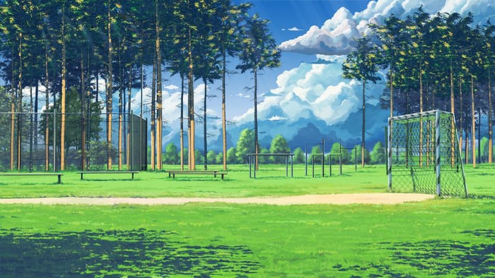 Anime soccer field with trees and clouds