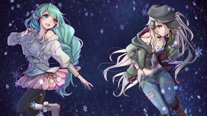 Hatsune Miku and IA from Vocaloid in Snow