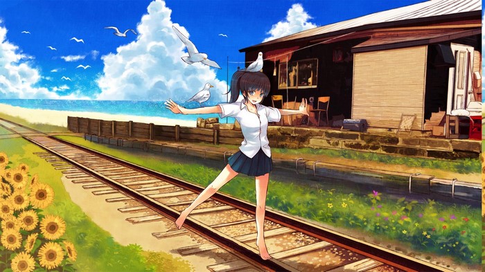 Anime girl in school uniform balancing on train tracks with birds