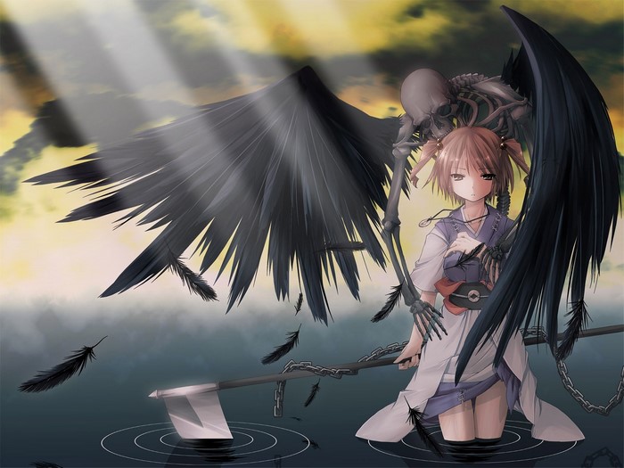 Anime girl with skeleton and black wings