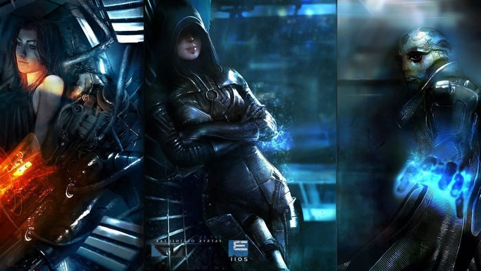 Miranda Lawson, Kasumi Goto, and Thane Krios from Mass Effect