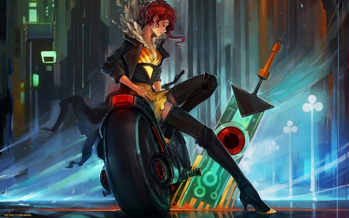 Red-haired woman with sword and motorcycle