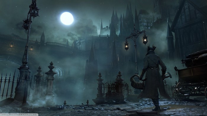 Hunter from Bloodborne in a foggy city at night