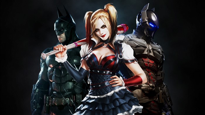 Batman, Harley Quinn, and Arkham Knight from Batman: Arkham Knight