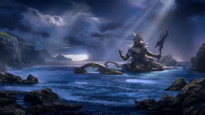 Poseidon statue in the sea from God of War