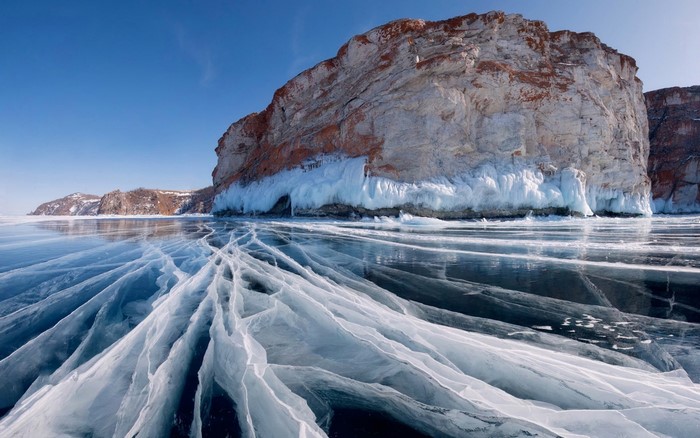 Frozen Lake Baikal with Ice Formations and Cliffs