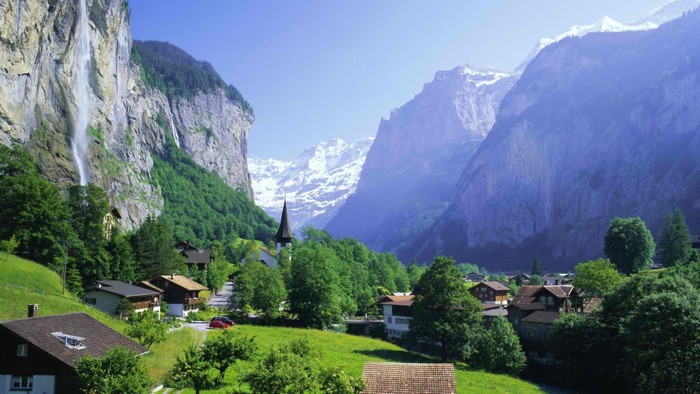 Lauterbrunnen Valley with Staubbach Falls, Switzerland