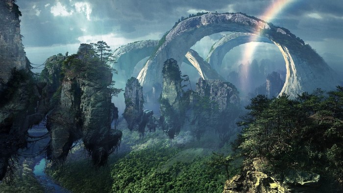 Floating islands with natural arches and a rainbow