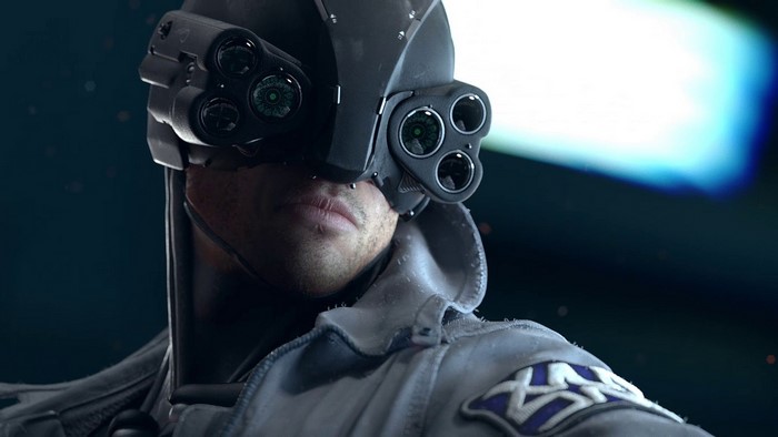 Character from Cyberpunk 2077 wearing futuristic goggles
