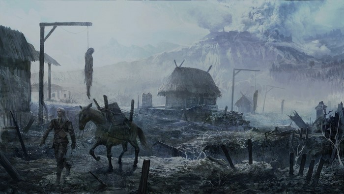 Geralt of Rivia from The Witcher in a desolate village