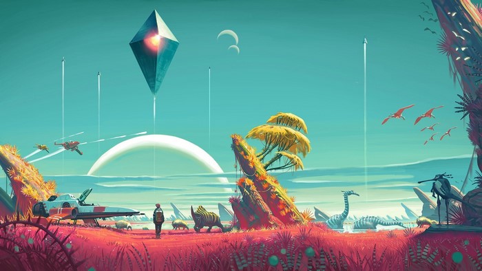 No Man's Sky alien planet landscape with spacecraft