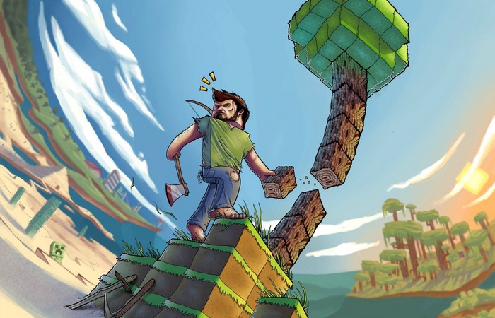 Minecraft character chopping a tree