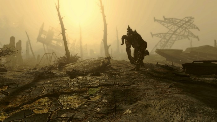 Deathclaw in ruined landscape from Fallout 4