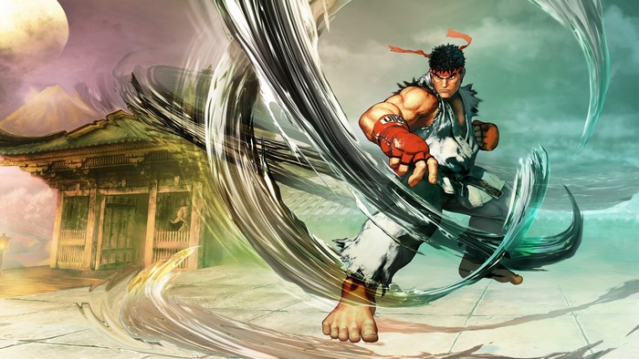 Ryu from Street Fighter in front of a Japanese temple