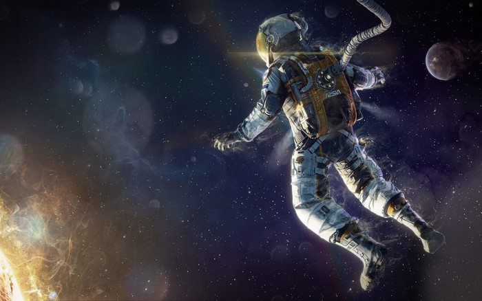 Astronaut floating in space near the sun