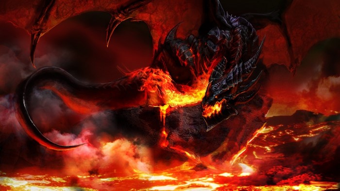 Deathwing Breathing Fire Over Molten Lava