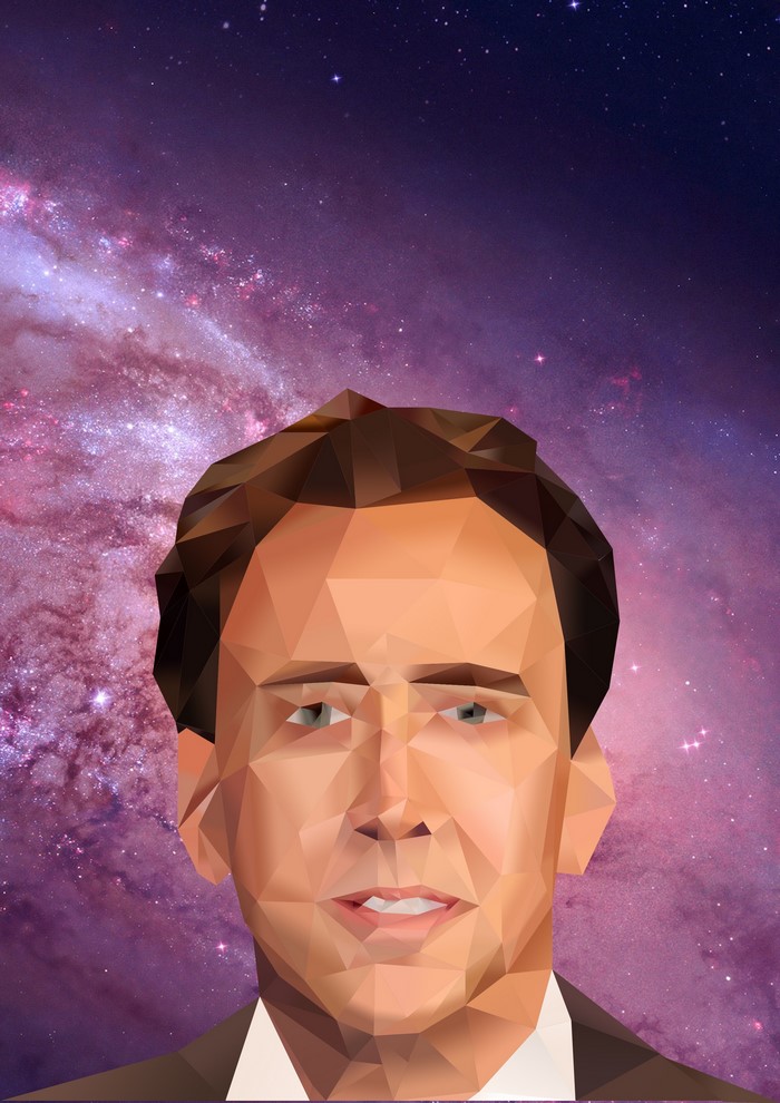 Nicolas Cage in a low-poly style against a galaxy background