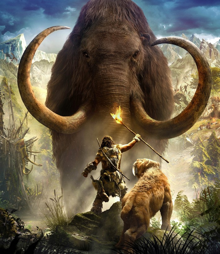 Far Cry Primal artwork with mammoth and hunter