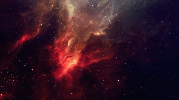 Vibrant Red and Orange Nebula in Deep Space