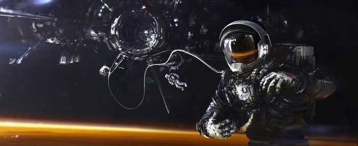 Astronauts near a space station above a planet