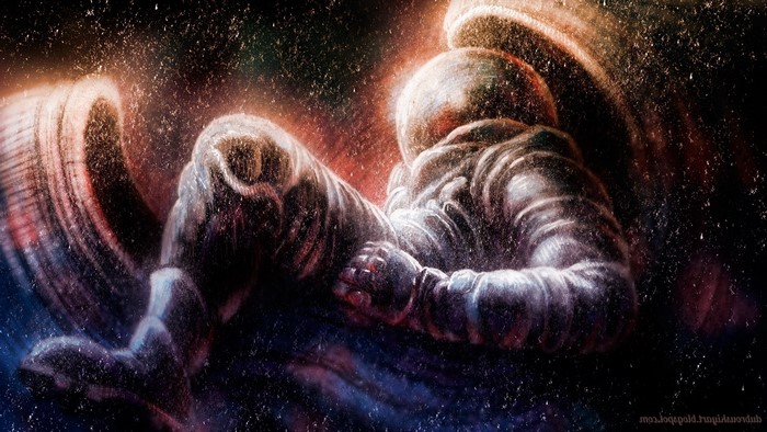 Astronaut floating in space with cosmic dust